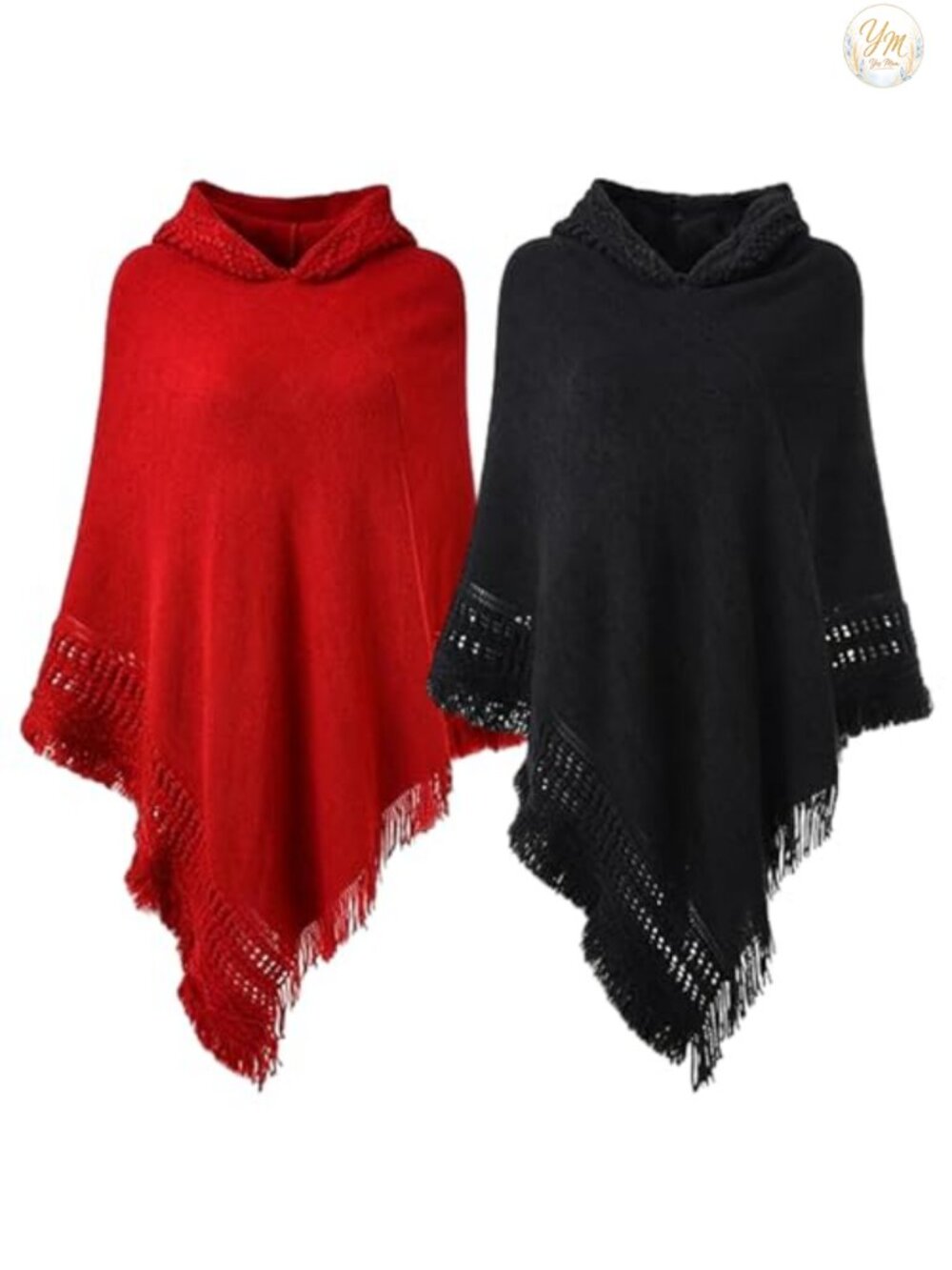 Womens Hooded Poncho Cape Shawl with Tassels Acrylic Wrap 2 Pack